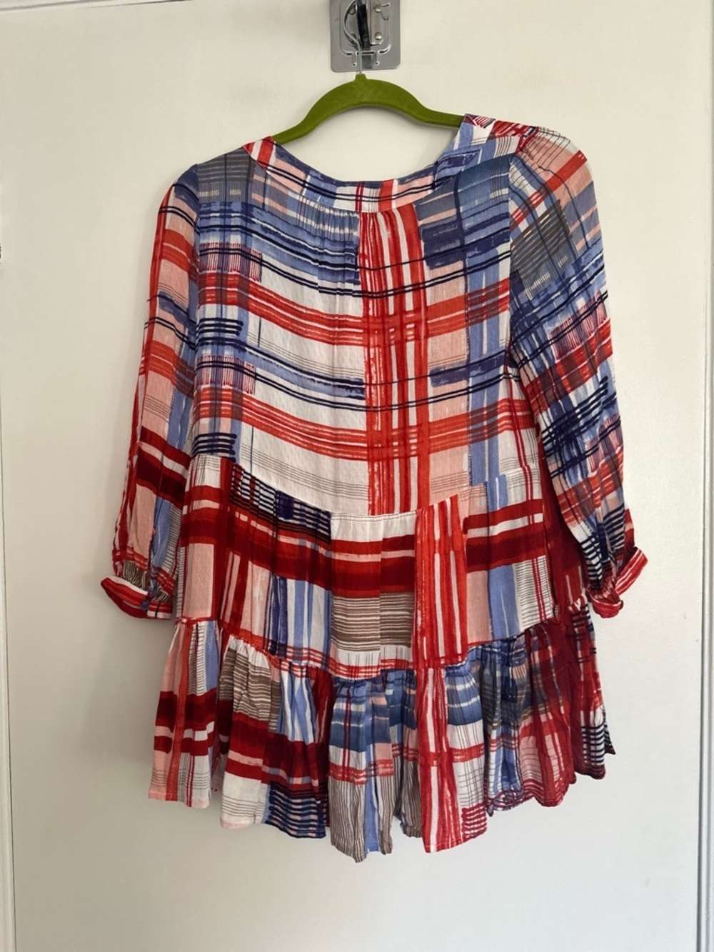 Maeve Anthropologie Lila Tiered Sz:S Ruffle Red Plaid Tunic Shirt Flowy Blouse - Picture 10 of 12